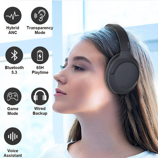 T-Fun NC50 Hybrid Active Noise Cancelling Wireless Bluetooth 5.3 Headphones with Built-In Micro for Android & Iphones,Low Latency Gaming,Be Aware of Safety Mode, Custom EQ