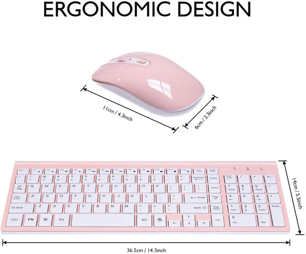 Wireless Keyboard and Mouse Combo, Compact Full Size Wireless Keyboard and Mouse Set 2.4G Ultra-Thin Sleek Design for Windows, Computer, Desktop, PC, Notebook, Laptop - Pink