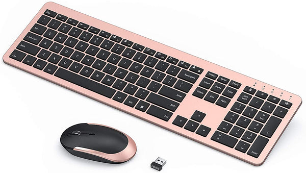 Rechargeable Wireless Keyboard Mouse Combo Full Size Cordless Keyboard & Mouse Sets with Build-In Lithium Battery Ultra Thin Quiet Keyboard Mice (Rose Gold & Black)