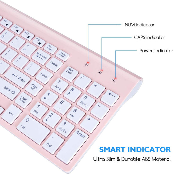 Wireless Keyboard and Mouse Combo, Compact Full Size Wireless Keyboard and Mouse Set 2.4G Ultra-Thin Sleek Design for Windows, Computer, Desktop, PC, Notebook, Laptop - Pink